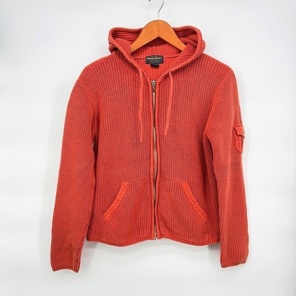 Woolrich VTG 100% Cotton Full Zip Knit Hoodie‎ Sweater Ribbed Cabin Core Size LG